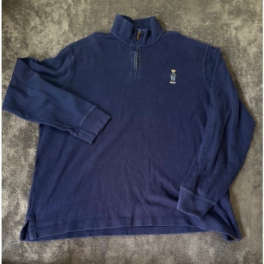Polo Ralph Lauren Mens XL Navy Blue Polo Bear Quarter Zip Cotton Sweater